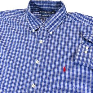 Polo Ralph Lauren Mens Button Down Shirt XL 17.5 Classic Fit Blue Check Cotton